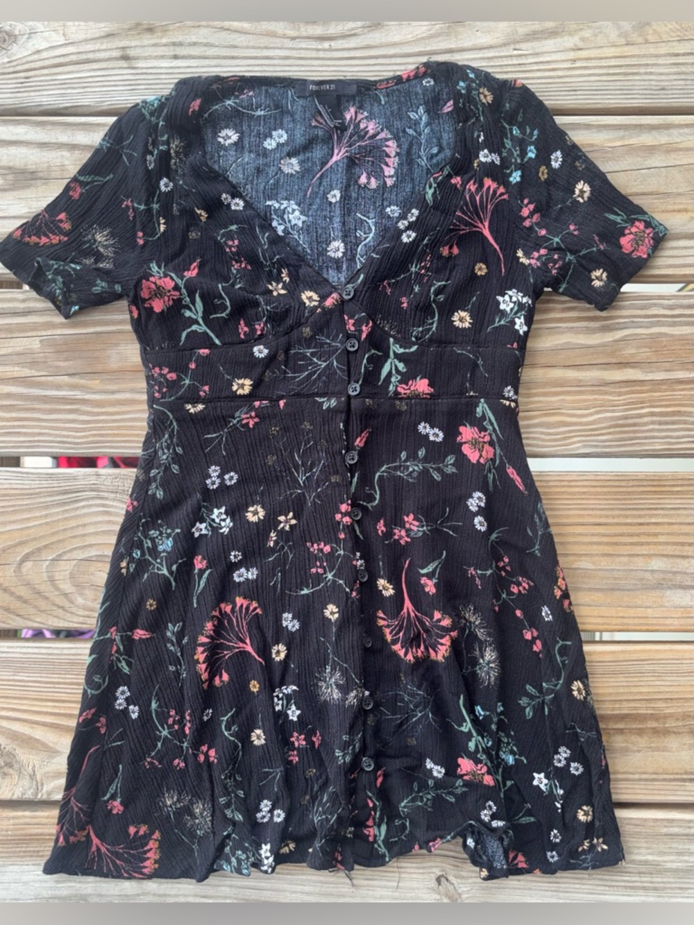 Forever 21 Black Floral Mini Dress Button Front Soft Goth Grunge Cottagecore